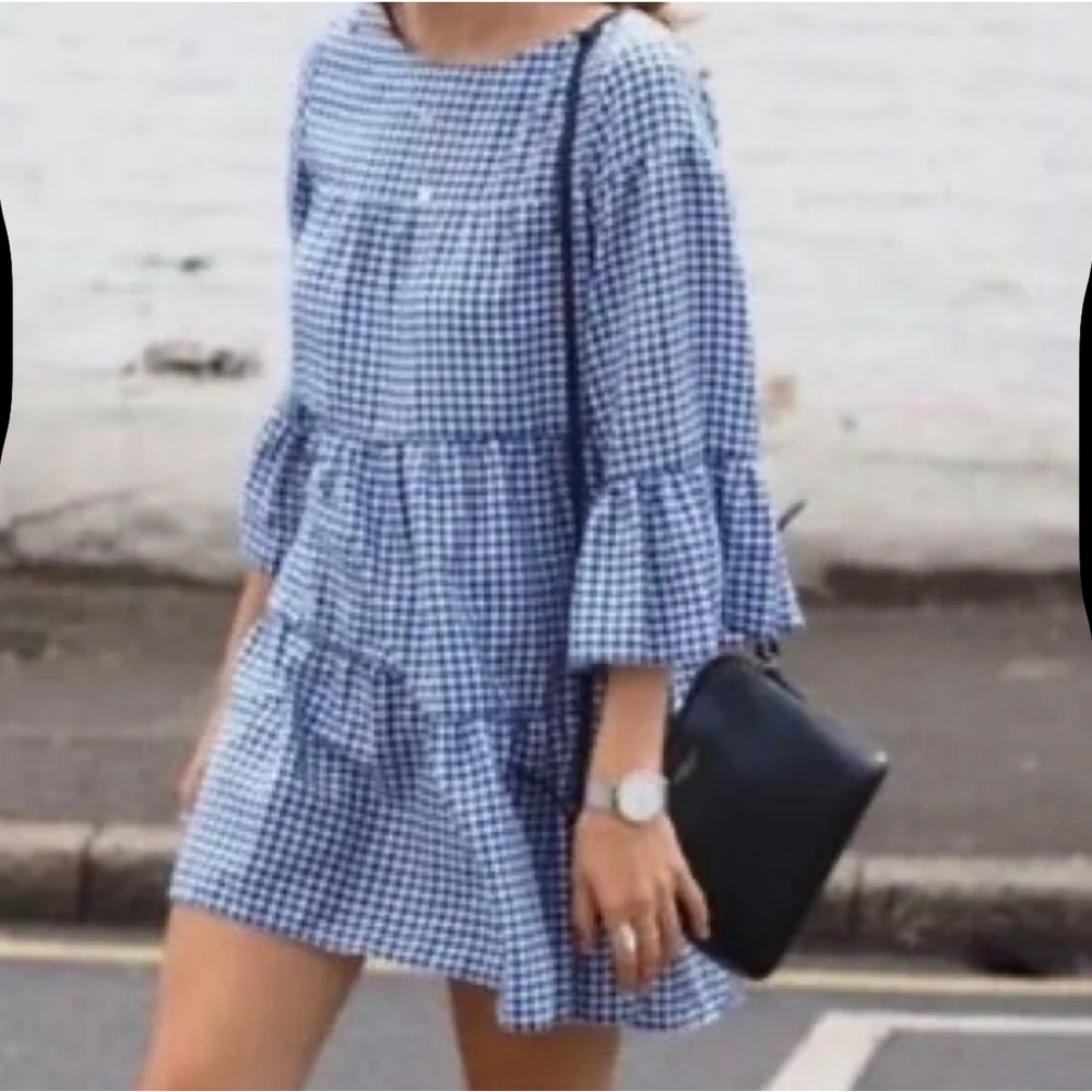 ZARA Bohemian‎ Blue Gingham Tiered Ruffle Swing Dress 3/4 Belle sleeve Small